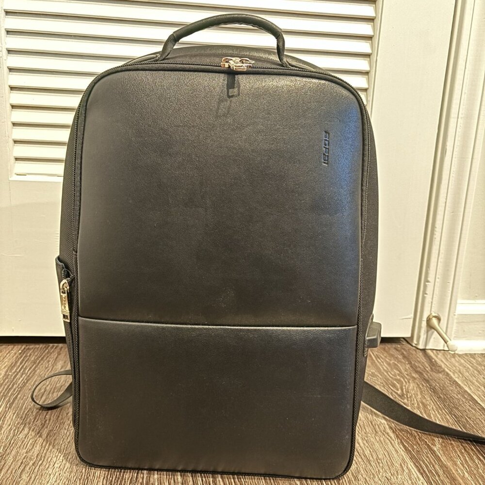 BOPAI Black Leather Anti-Theft Computer Backpack